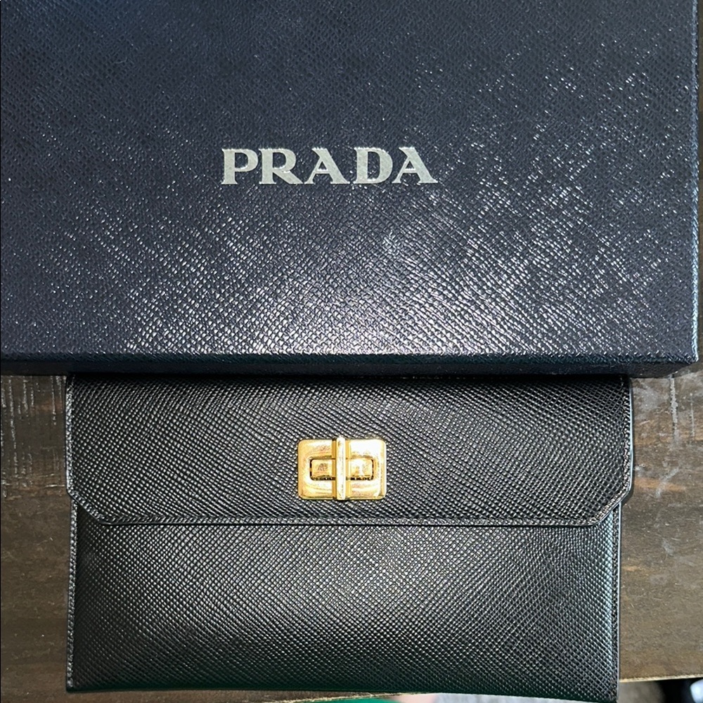 Prada Saffiano Black Wallet with Gold Hardware